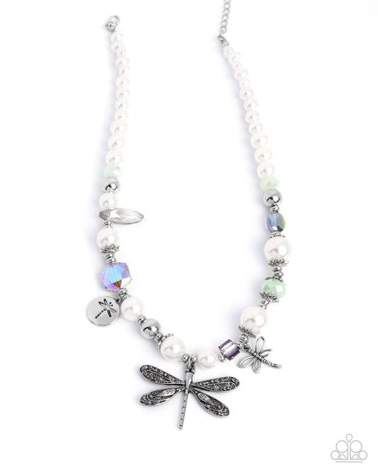 Dragonfly Delight - Multi Silver Dragonfly, White Pearl & Shimmery Bead Necklace Paparazzi Empower Me Pink 2025 N3095