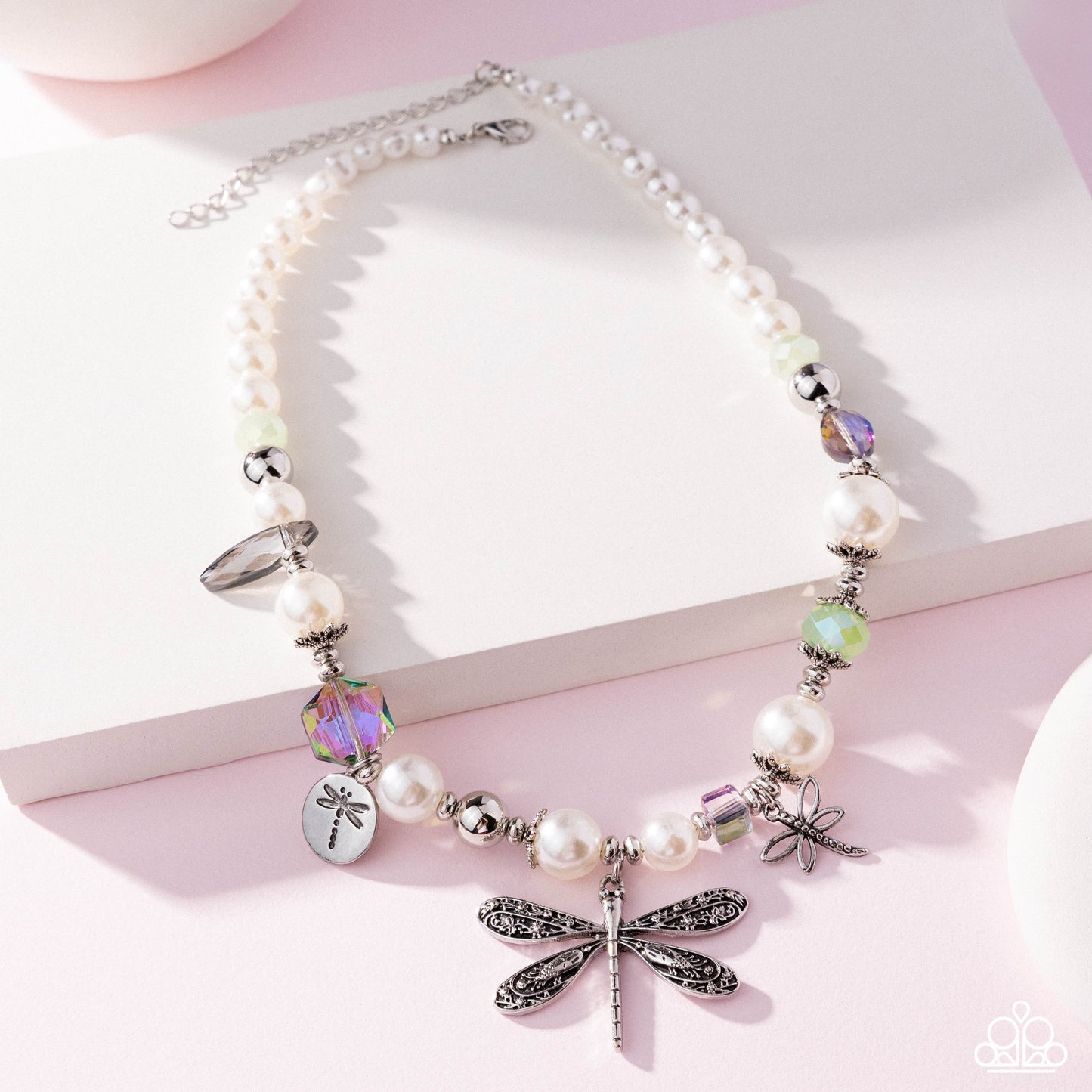 Dragonfly Delight - Multi Silver Dragonfly, White Pearl & Shimmery Bead Necklace Paparazzi Empower Me Pink 2025