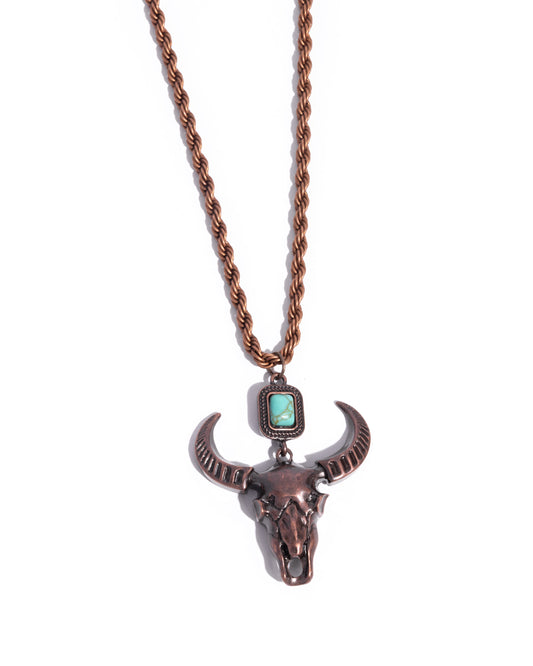 Longhorn Leisure - Copper - Antiqued Copper Southwestern Santa Fe Style Longhorn Skull Pendant Necklace Paparazzi N3493