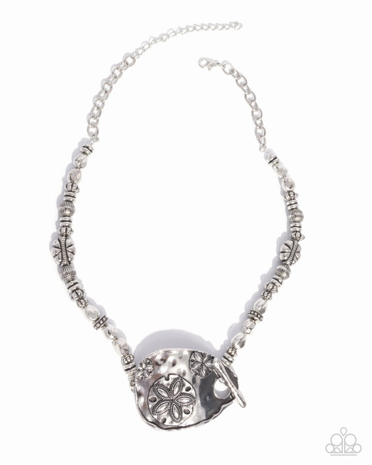 Sand Dollar Statement - Silver Hammered Sand Dollar Motif Beach Inspired Necklace Paparazzi N3183