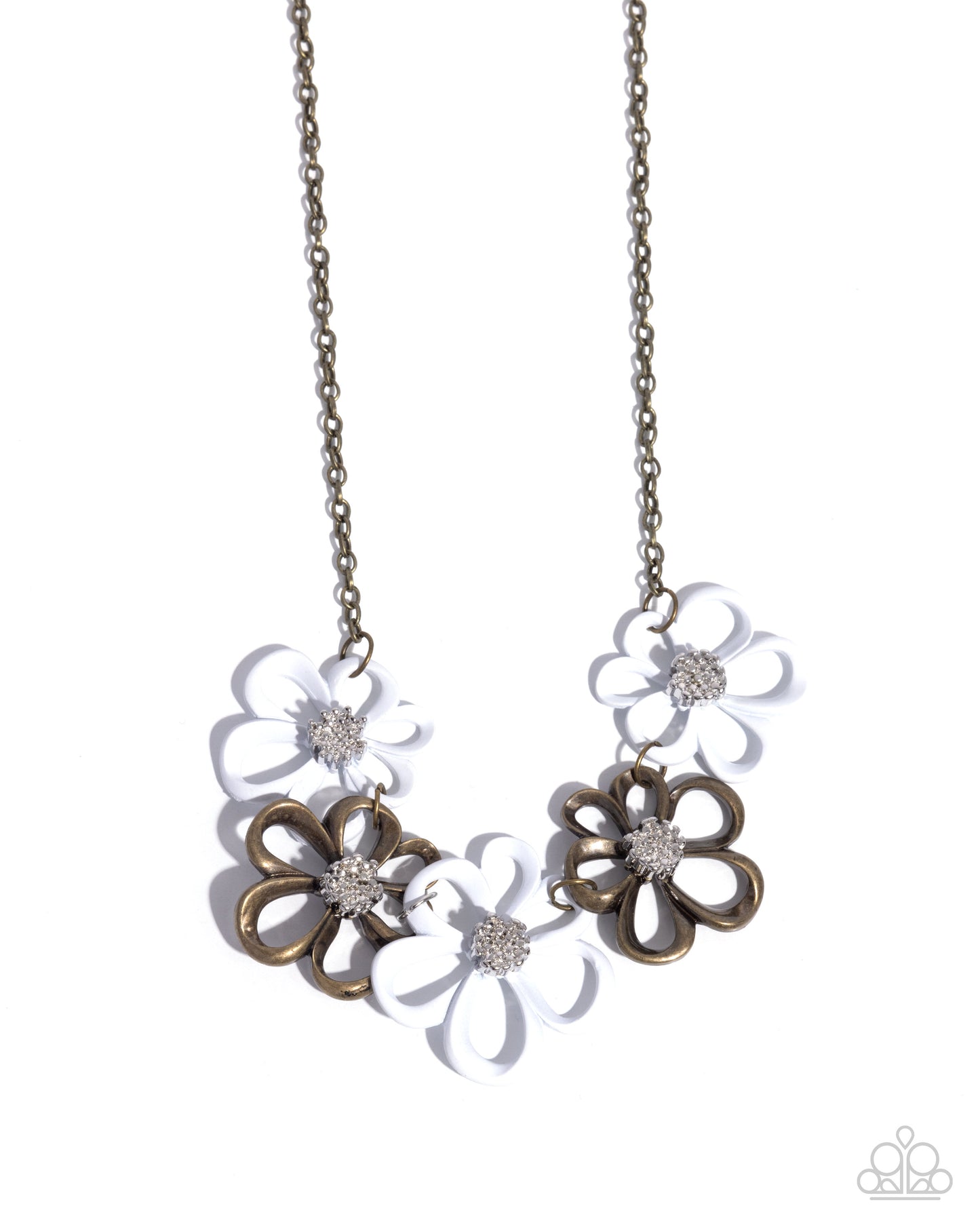 Beau Bouquet - Brass & White Flower Necklace Paparazzi