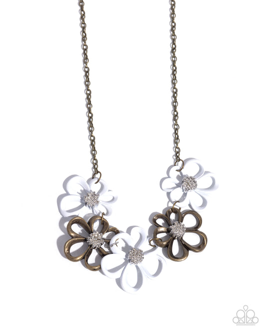 Beau Bouquet - Brass & White Flower Necklace Paparazzi N2644