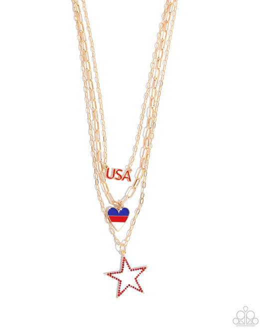 Unforgettable USA - Gold Layered Chain USA, Patriotic Heart & Star Necklace Paparazzi N3380