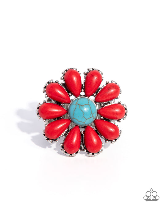 Firm Florals - Red & Turquoise Stone Silver Santa Fe Style Ring Paparazzi R1016