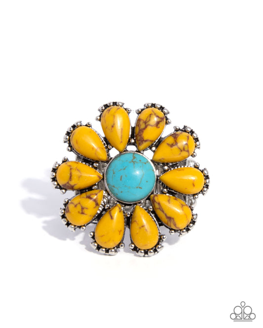 Firm Florals - Yellow & Turquoise Stone Flower Ring Paparazzi R1094