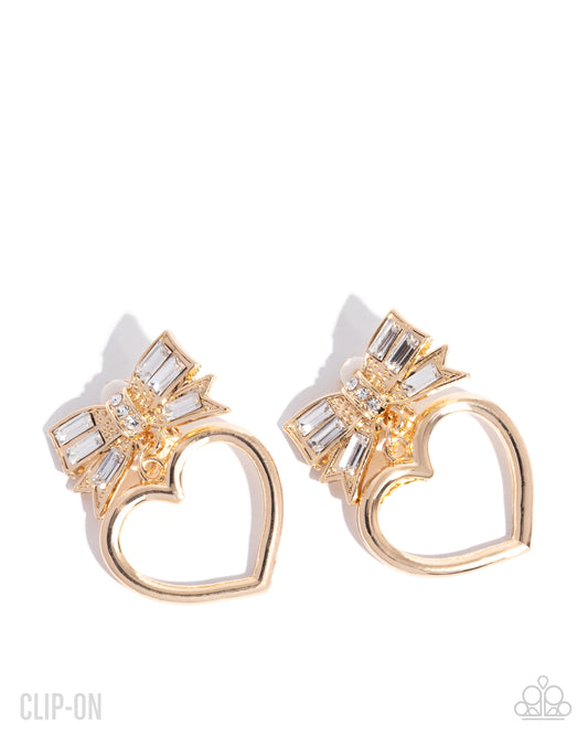 Matchmaking Model - Gold Bow, Heart & White Gem Clip On Earring Paparazzi E2900