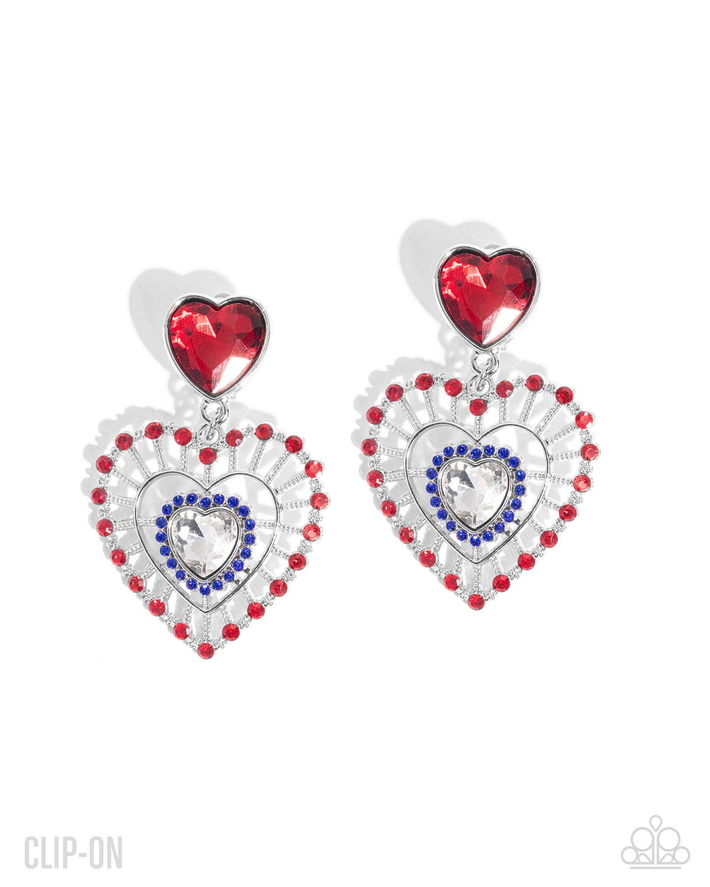 Patriotic Pattern - Multi Red, White & Blue Heart Clip-On Patriotic Earring Paparazzi E2946