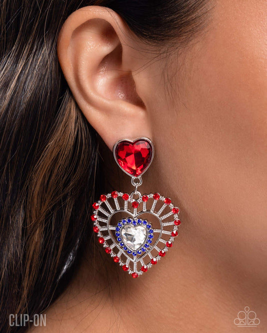 Patriotic Pattern - Multi Red, White & Blue Heart Clip-On Patriotic Earring Paparazzi E2946