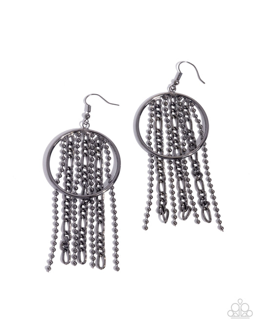 Laborious Lure - Black Gunmetal Ball & Figaro Chain Earring Paparazzi E2981
