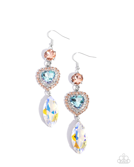 Smitten Sway - Multi Peach, White, Blue Heart Gem & UV Shimmery Gem Earring Paparazzi E2854