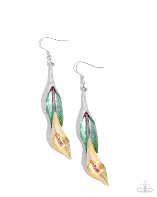 Tulip Tutor - Yellow & Pink Peacock Painted Flower Earring Paparazzi E2691