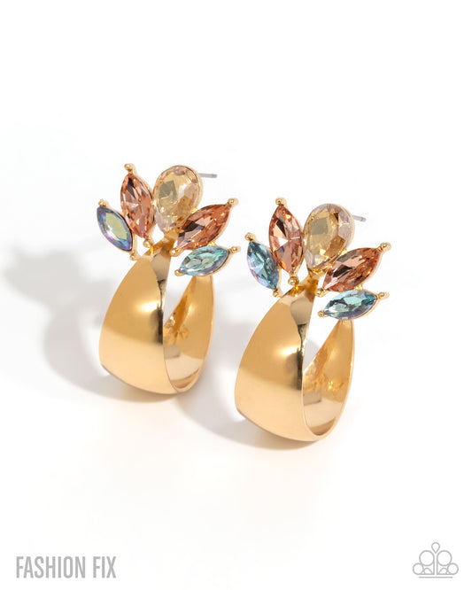 Bequeathed Brilliance - Multi Blue, Peach, Champagne Gem Gold 1 Inch Hoop Earring Fiercely 5th Avenue June 2025 Fashion Fix Paparazzi E3002