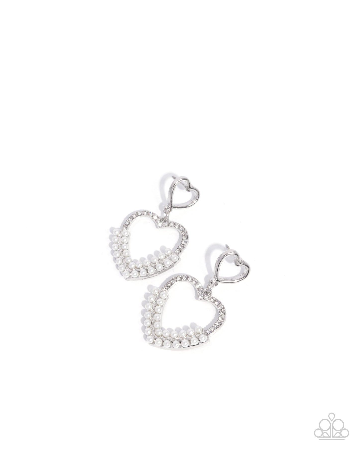 Dangling Damsel - White Rhinestone Pearl Heart Silver Post Earring Paparazzi E3078