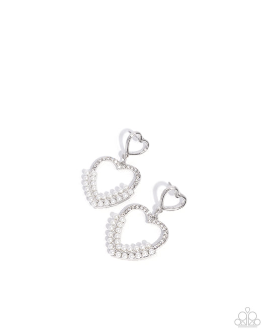 Dangling Damsel - White Rhinestone Pearl Heart Silver Post Earring Paparazzi E3078