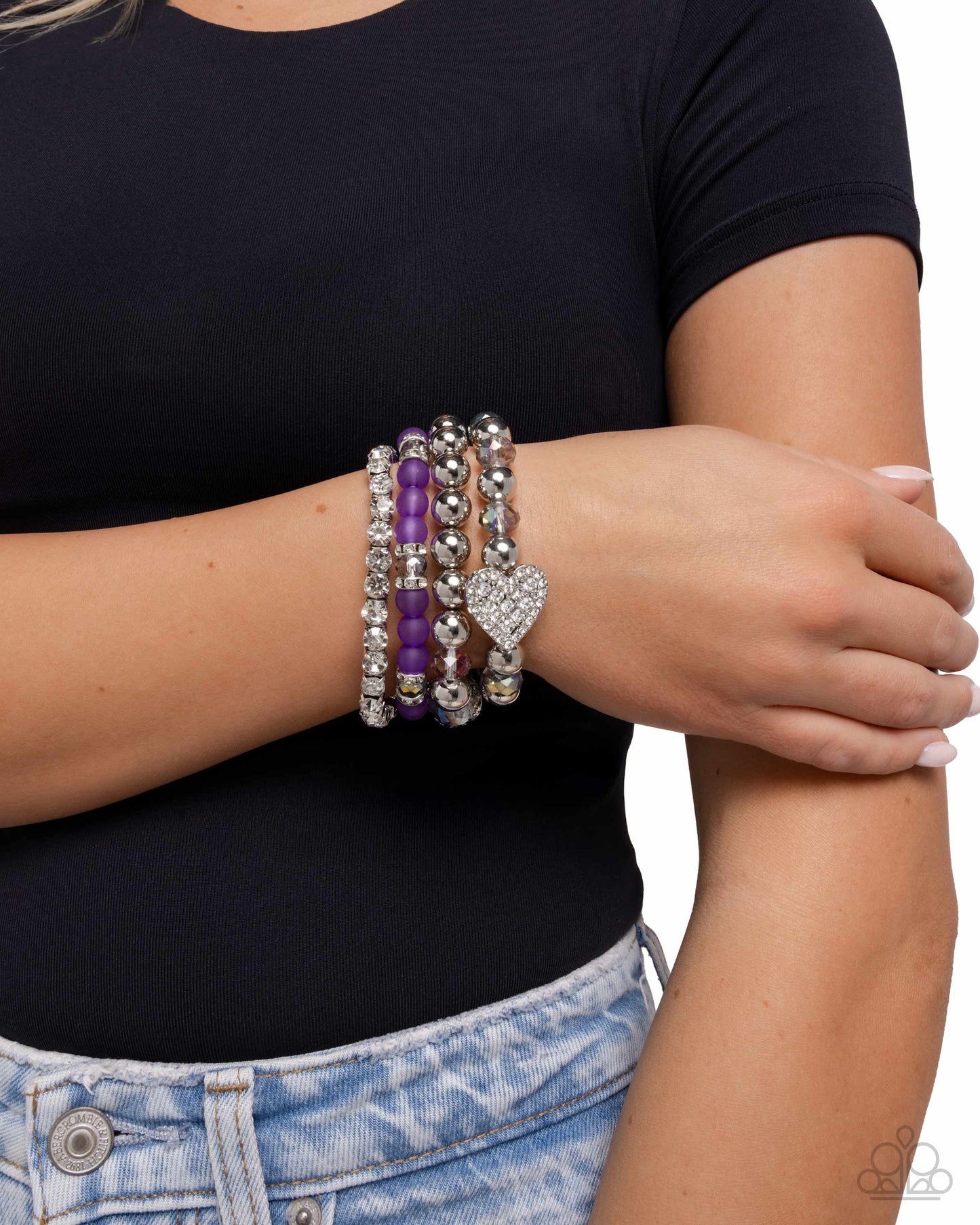 Poetically Plush - Purple Shimmery Gems, Purple Milky, Silver Heart Charm & Bead Set Of 4 Stretch Bracelets Paparazzi B2286