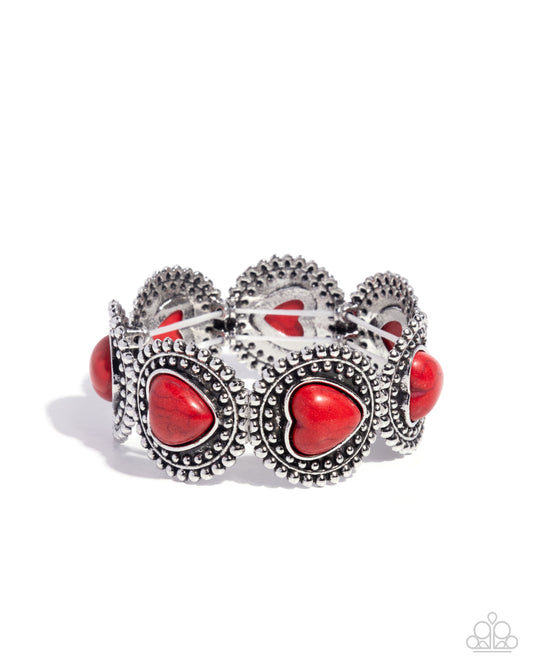 Rural Romance - Red Stone Heart Silver Stretch Bracelet Santa Fe Style Paparazzi B2155
