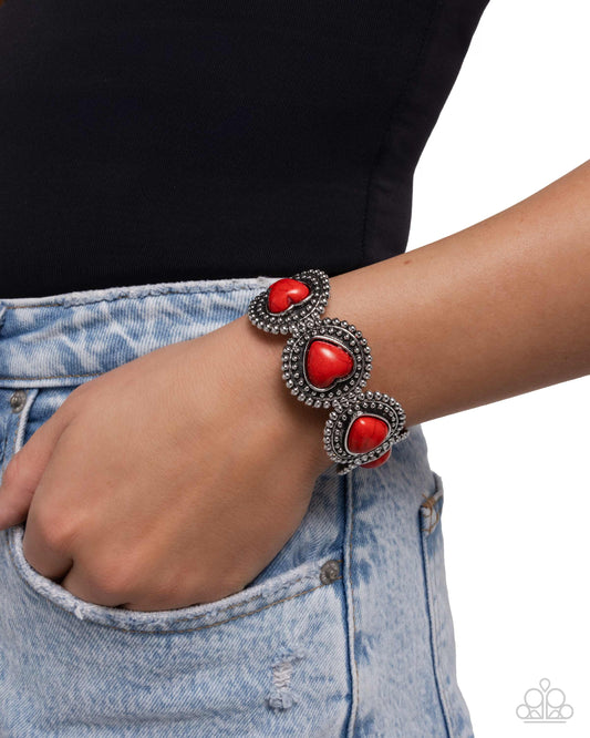 Rural Romance - Red Stone Heart Silver Stretch Bracelet Santa Fe Style Paparazzi B2155