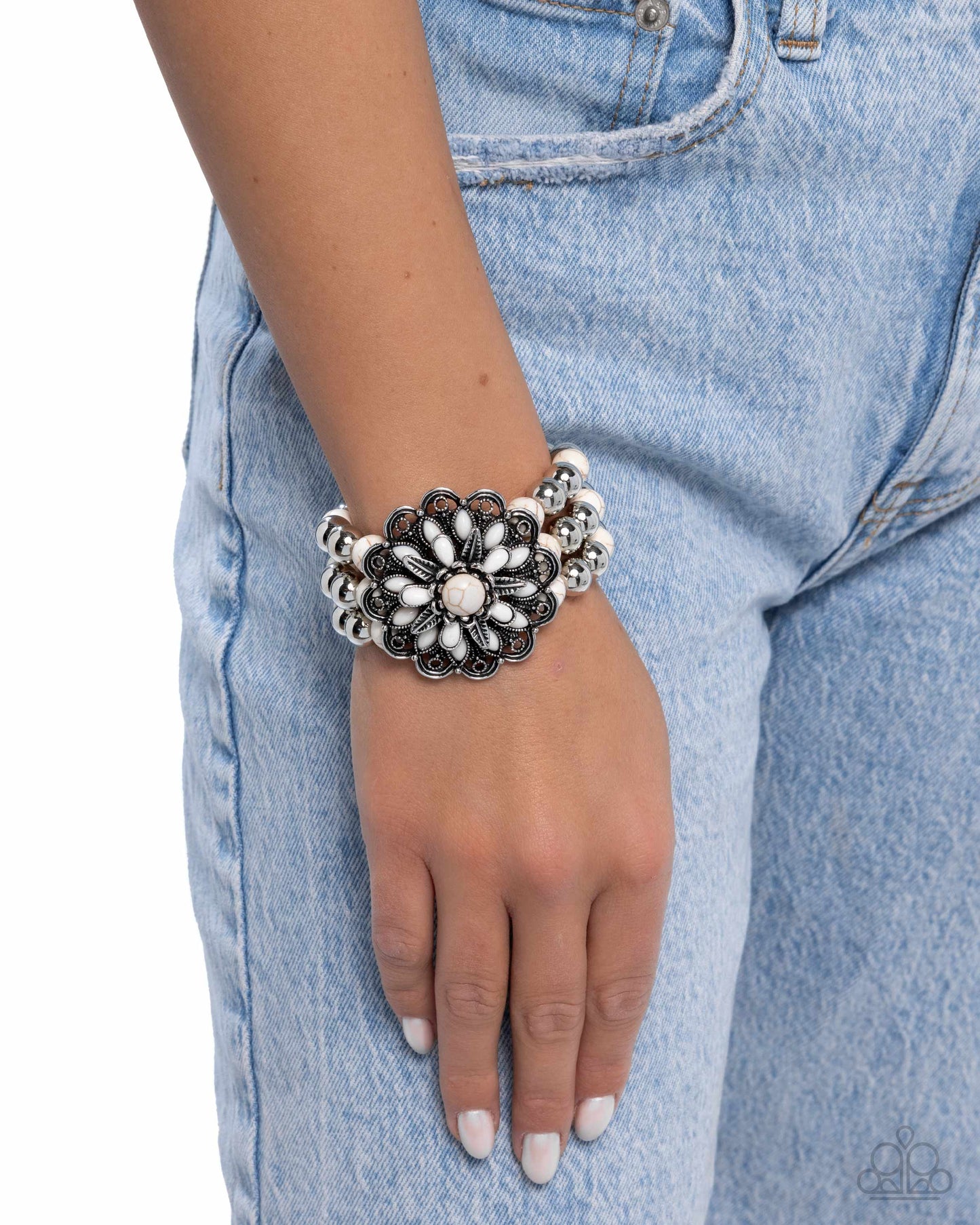 Floral Figment - White Stone Santa Fe Style Stretch Bracelet Paparazzi B2016