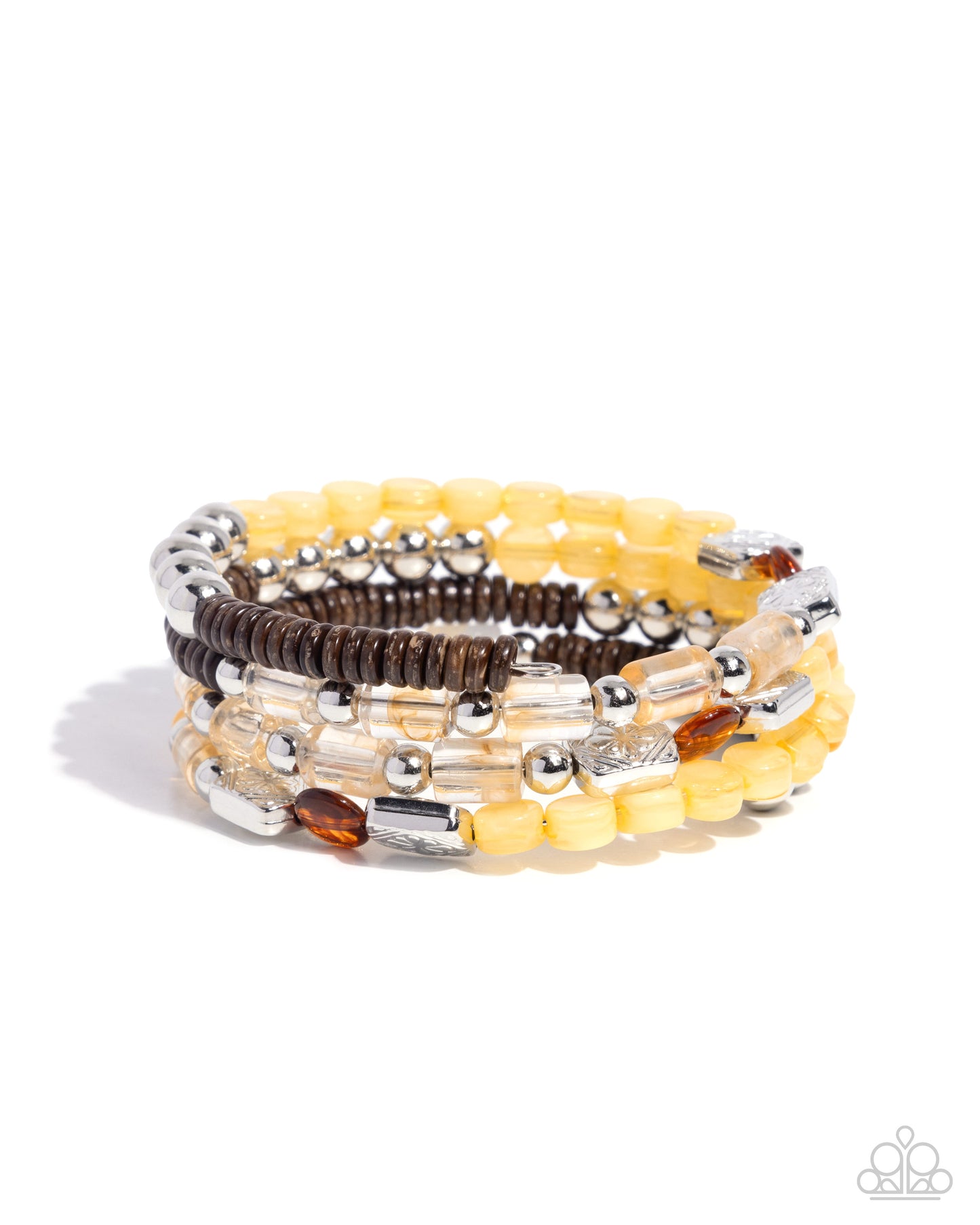 Paparazzi Eclectic Empire - Yellow, Silver, Brown Stone, Silver Coil Bracelet B2357