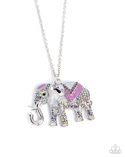 Paparazzi Educated Elephant - Purple Painted, Light Sapphire Iridescent Rhinestone Silver Elephant Necklace N3550