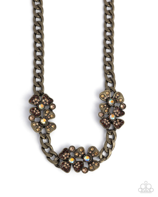 Fairy Florals - Brass Brown Tea Iridescent & Light Topaz Rhinestone Flower Necklace Paparazzi N3053