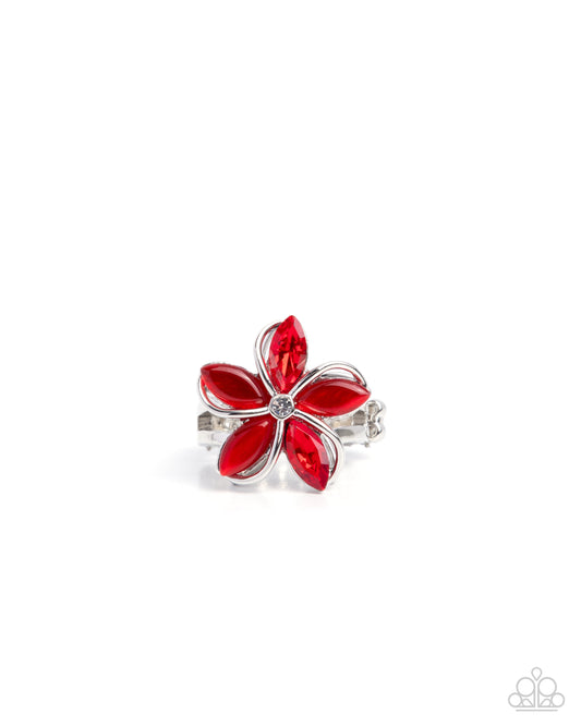 Floral Fabrication - Red Gem Flower Spinner Ring Paparazzi R1085