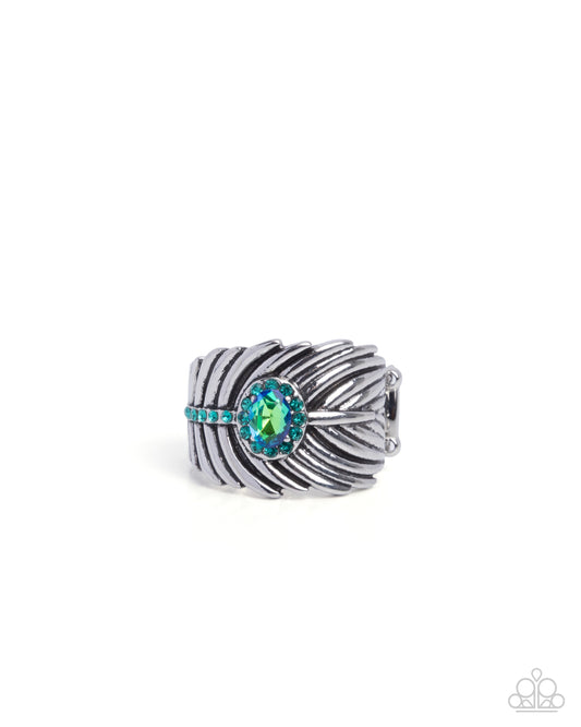 Feathered Fact - Green UV Shimmery Gem & Silver Feather Style Ring Paparazzi R1075