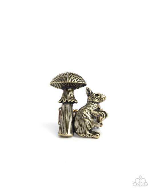 Textured Toadstool - Brass Squirrel & Toadstool Whimsical Statement Ring Paparazzi R0935