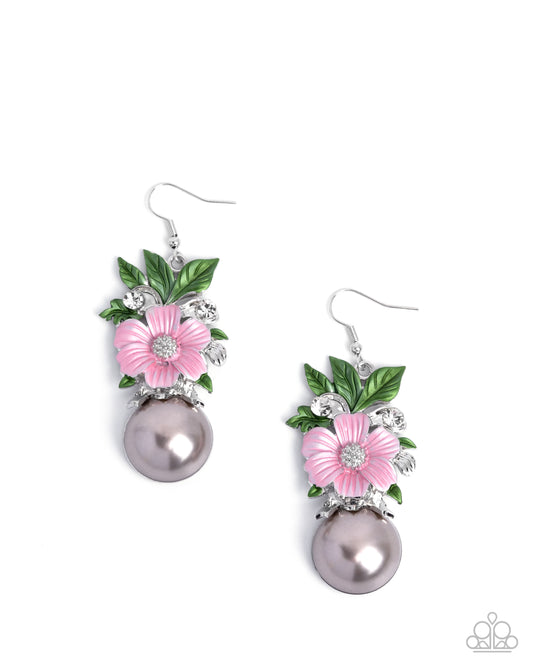 Bouquet Beholder - Multi Pink Painted Flower Gray Pearl Earring Paparazzi E2892