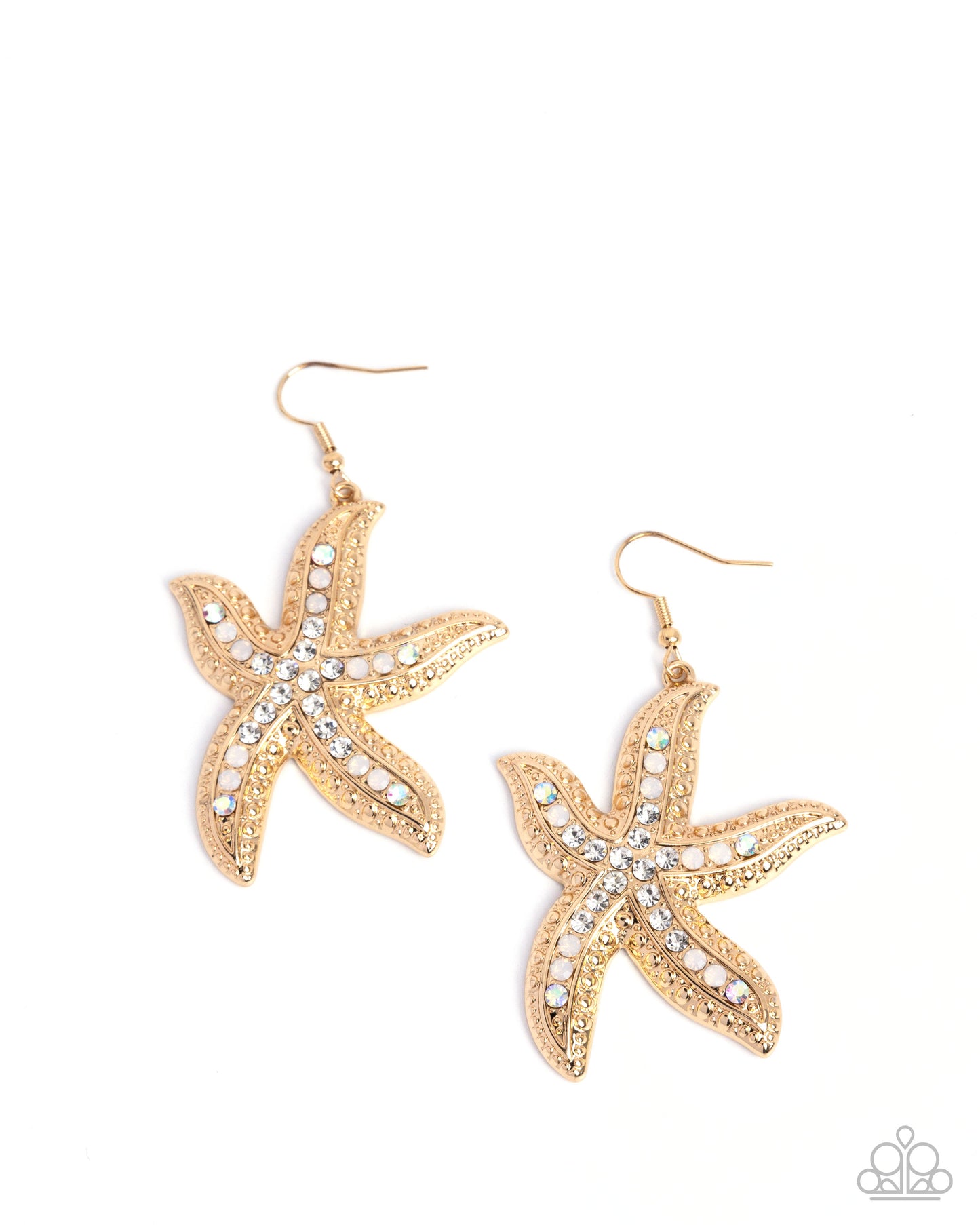 Seize the Starfish - Gold, White, Opal & Iridescent Rhinestone Starfish Beach Theme Earring Paparazzi