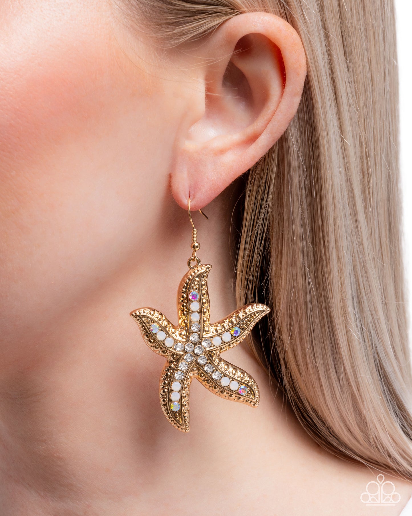 Seize the Starfish - Gold, White, Opal & Iridescent Rhinestone Starfish Beach Theme Earring Paparazzi