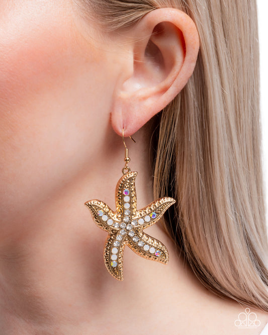 Seize the Starfish - Gold, White, Opal & Iridescent Rhinestone Starfish Beach Theme Earring Paparazzi E2665