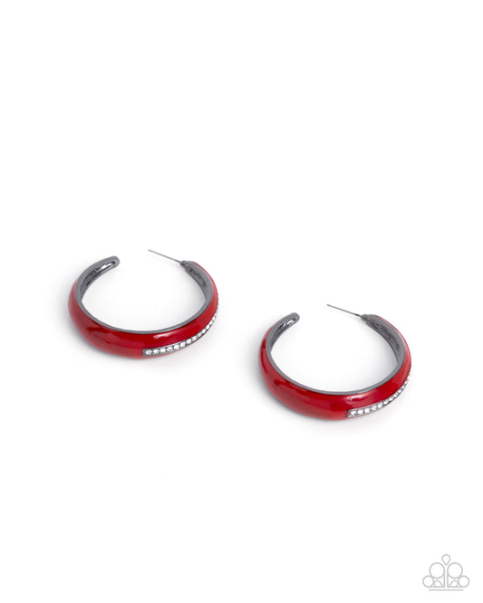 Uniquely Unexpected - Multi White "Rhinestone Red Painted Gunmetal 1 1/2 Hoop Earring Paparazzi E2889