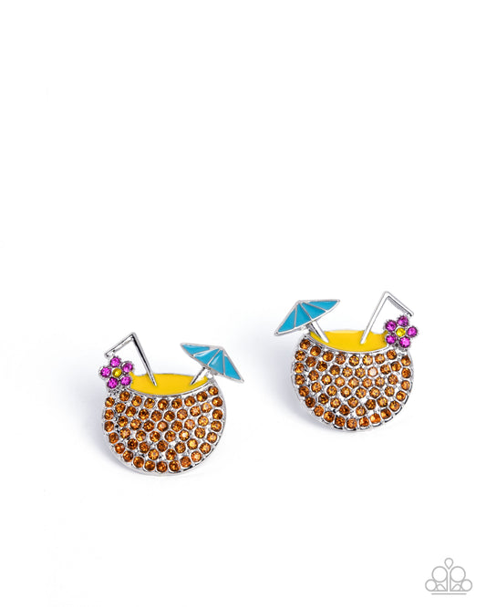 Vacation Mode - Multi Yellow, Topaz Rhinestone, Coconut Cup Earring Paparazzi E2852
