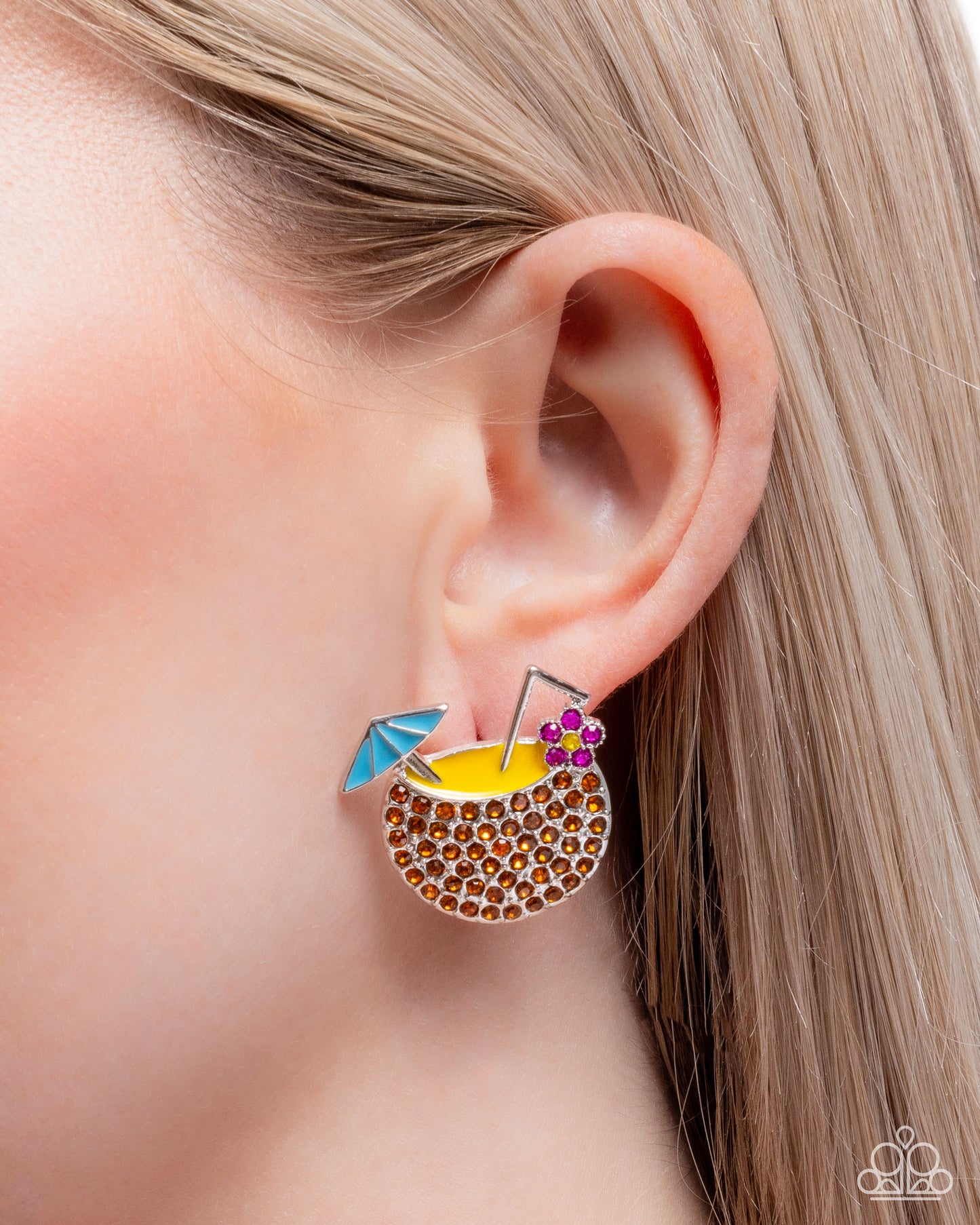 Vacation Mode - Multi Yellow, Topaz Rhinestone, Coconut Cup Earring Paparazzi E2852