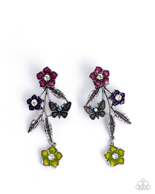 Whimsical Weekend - Multicolored, Pink Peacock & Purple Painted Flower Silver Butterfly Earring Paparazzi E3092