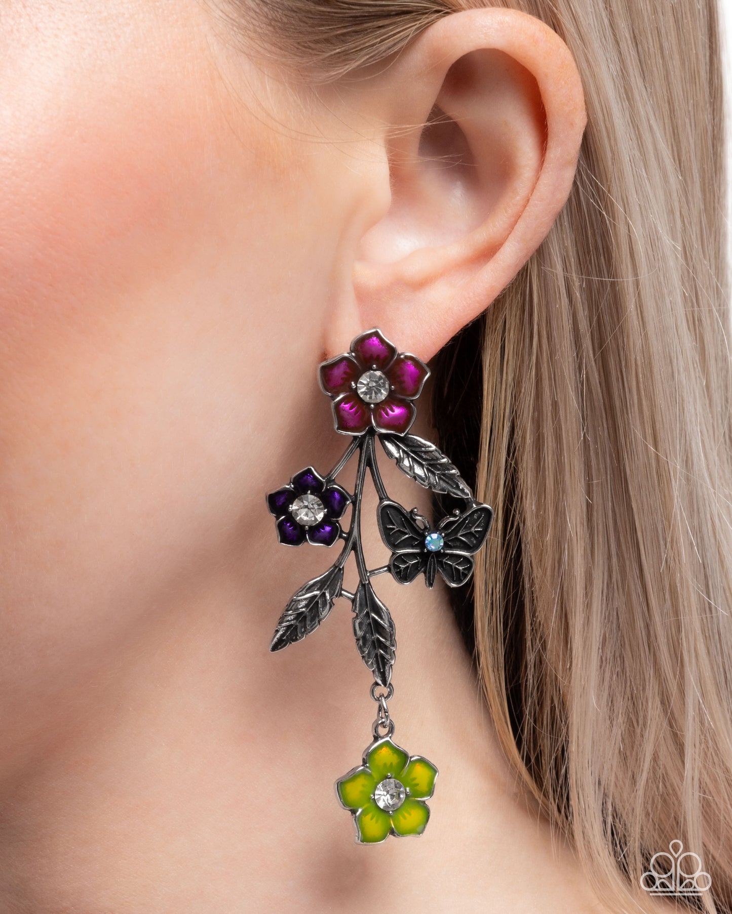 Whimsical Weekend - Multicolored, Pink Peacock & Purple Painted Flower Silver Butterfly Earring Paparazzi E3092