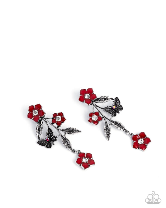 Whimsical Weekend - Red Painted Flower & Silver Butterfly Post Earring Paparazzi E2880