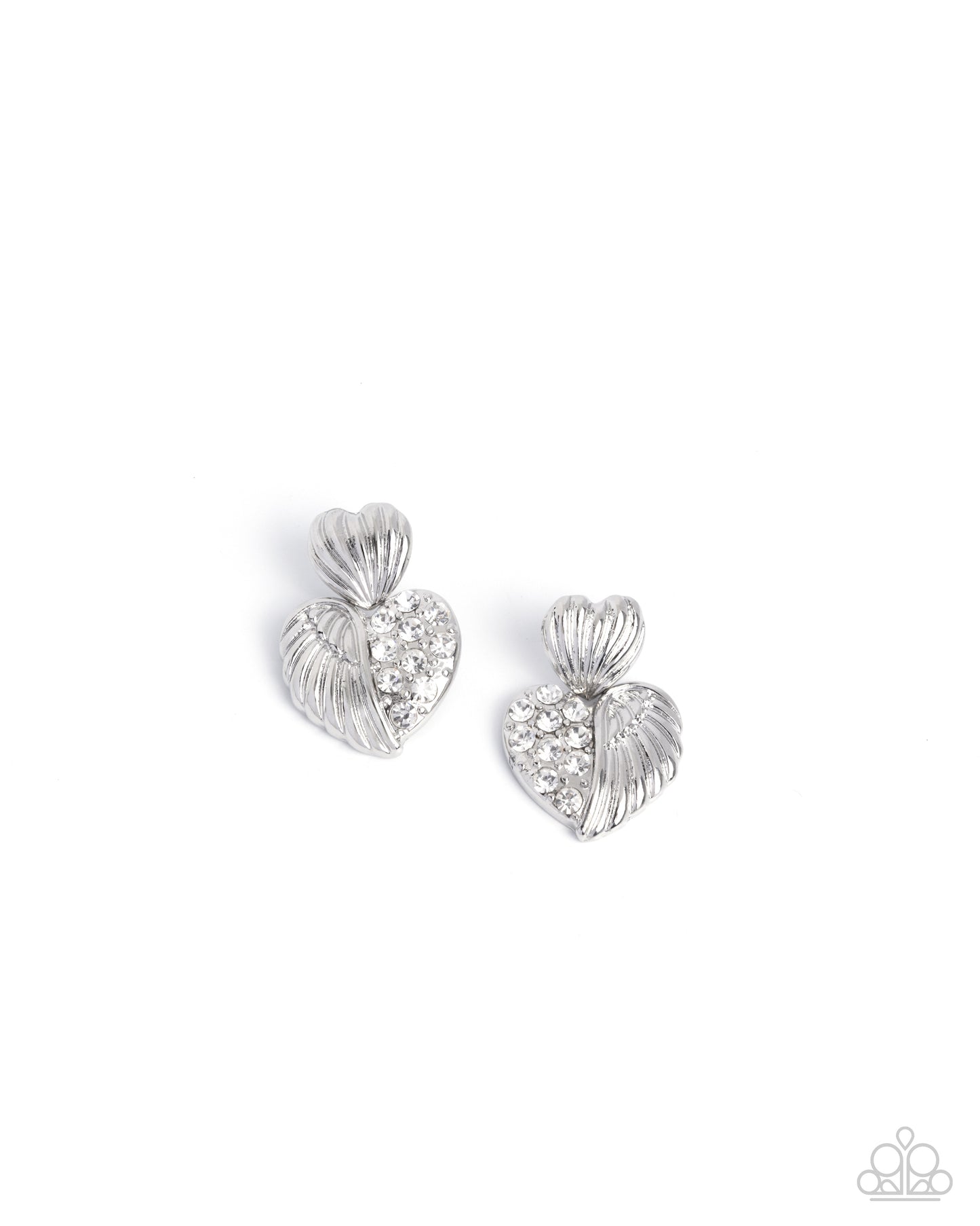 Paparazzi Angelic Adornment - White Rhinestone Silver Heart Half Angle Wing Earring E3398