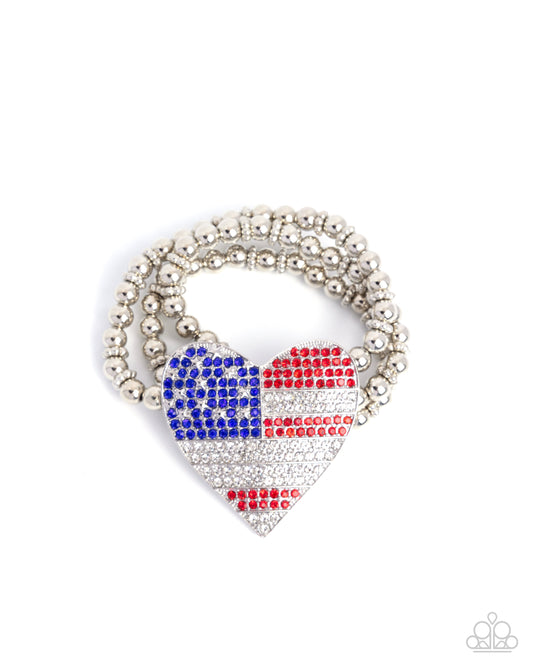 Romantic Republic - Multi Red White & Blue Rhinestone Heart Flag Stretch Bracelet Paparazzi B2267