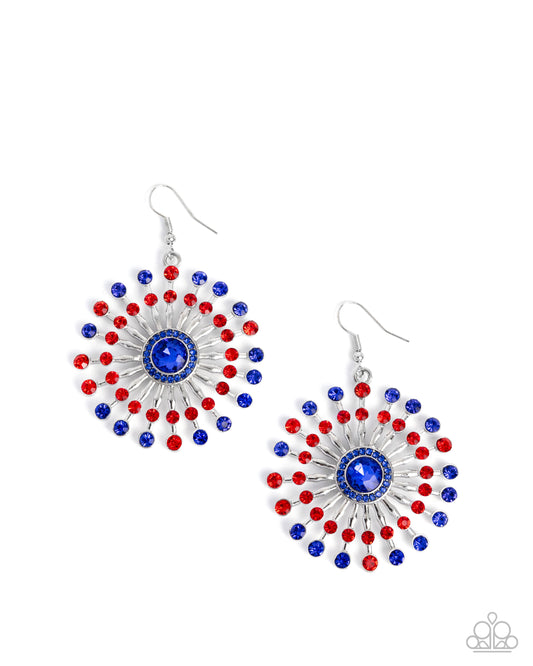 Fierce Firework - Multi Blue & Red Rhinestone Firework Style Patriotic Earring Paparazzi E2949