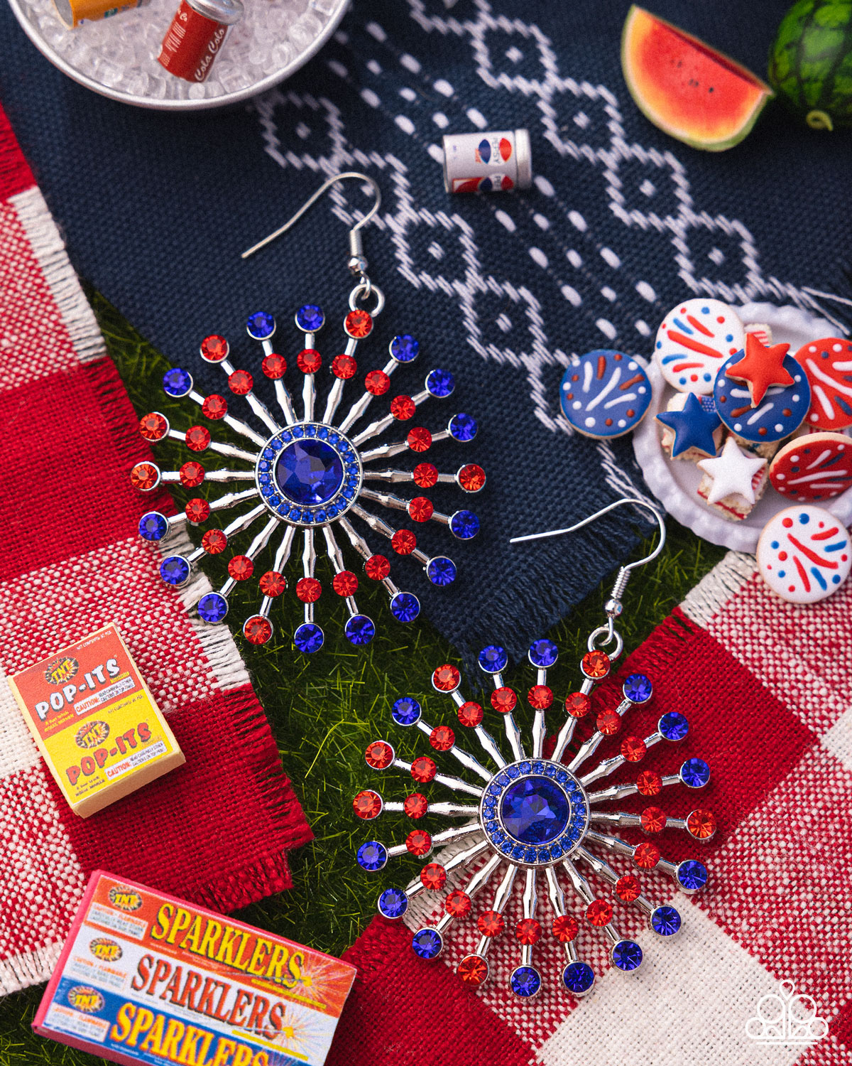 Fierce Firework - Multi Blue & Red Rhinestone Firework Style Patriotic Earring Paparazzi E2949