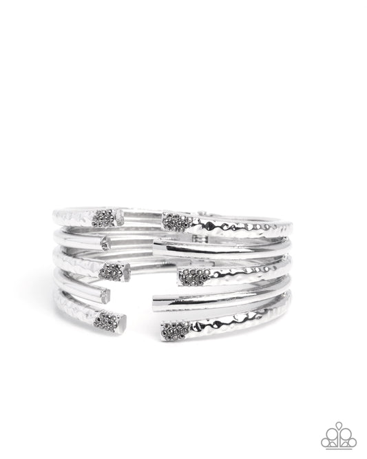 Working Wraparound - Silver Hammered Bars & Hematite Rhinestone Hinge Bracelet Paparazzi B2262