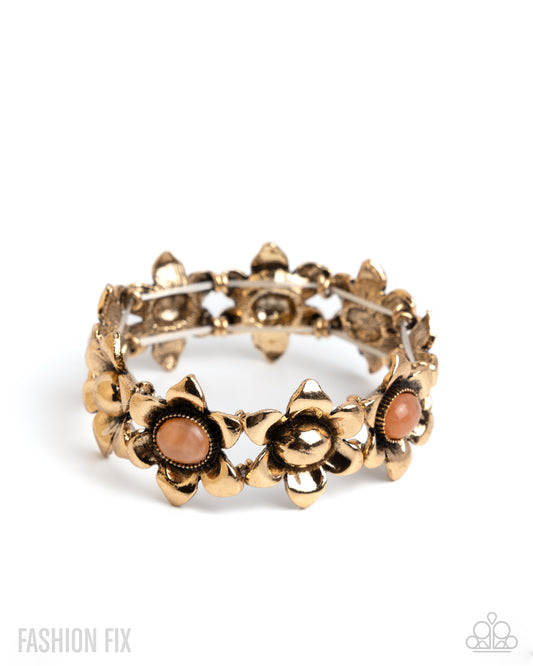 Genuine Grounding - Orange Center Gold Flower Stretch Bracelet May 2025 Glimpses Of Malibu Fashion Fix Paparazzi B3000