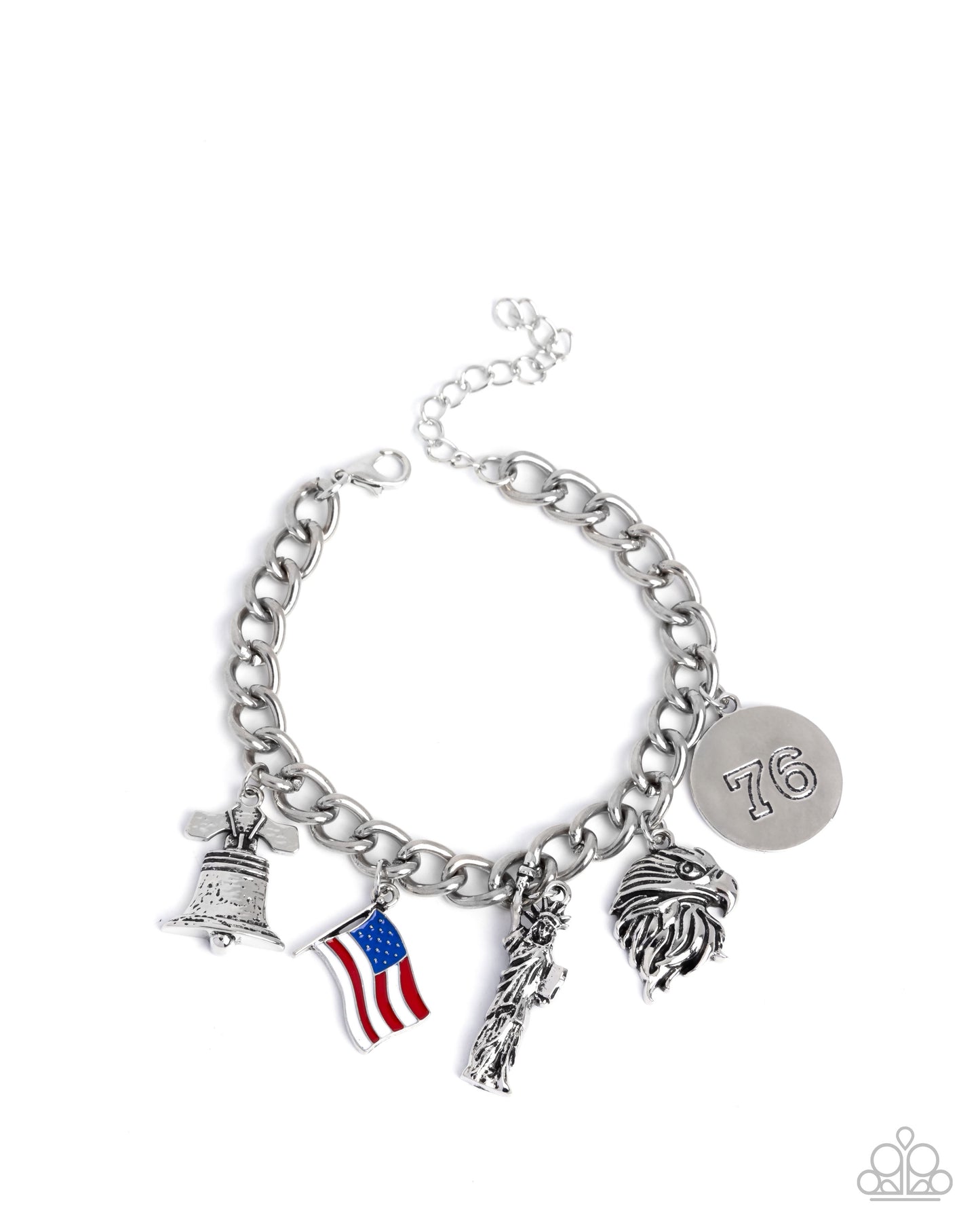 Liberty Legacy - Red, White & Blue Americal Flag, Silver Liberty Bell, Americal Flag, Liberty Statue, Eagle Patriotic Charm Style Bracelet Paparazzi