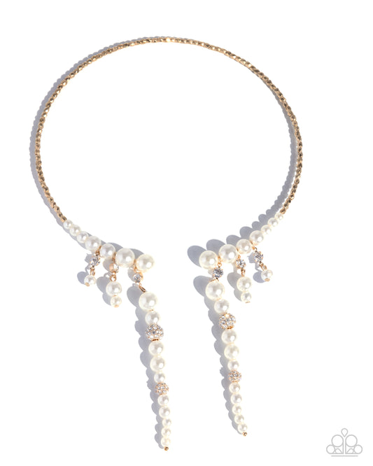 Darling Decade - Gold Bead, White Pearl & Rhinestone Flex Collar Necklace Paparazzi N3266