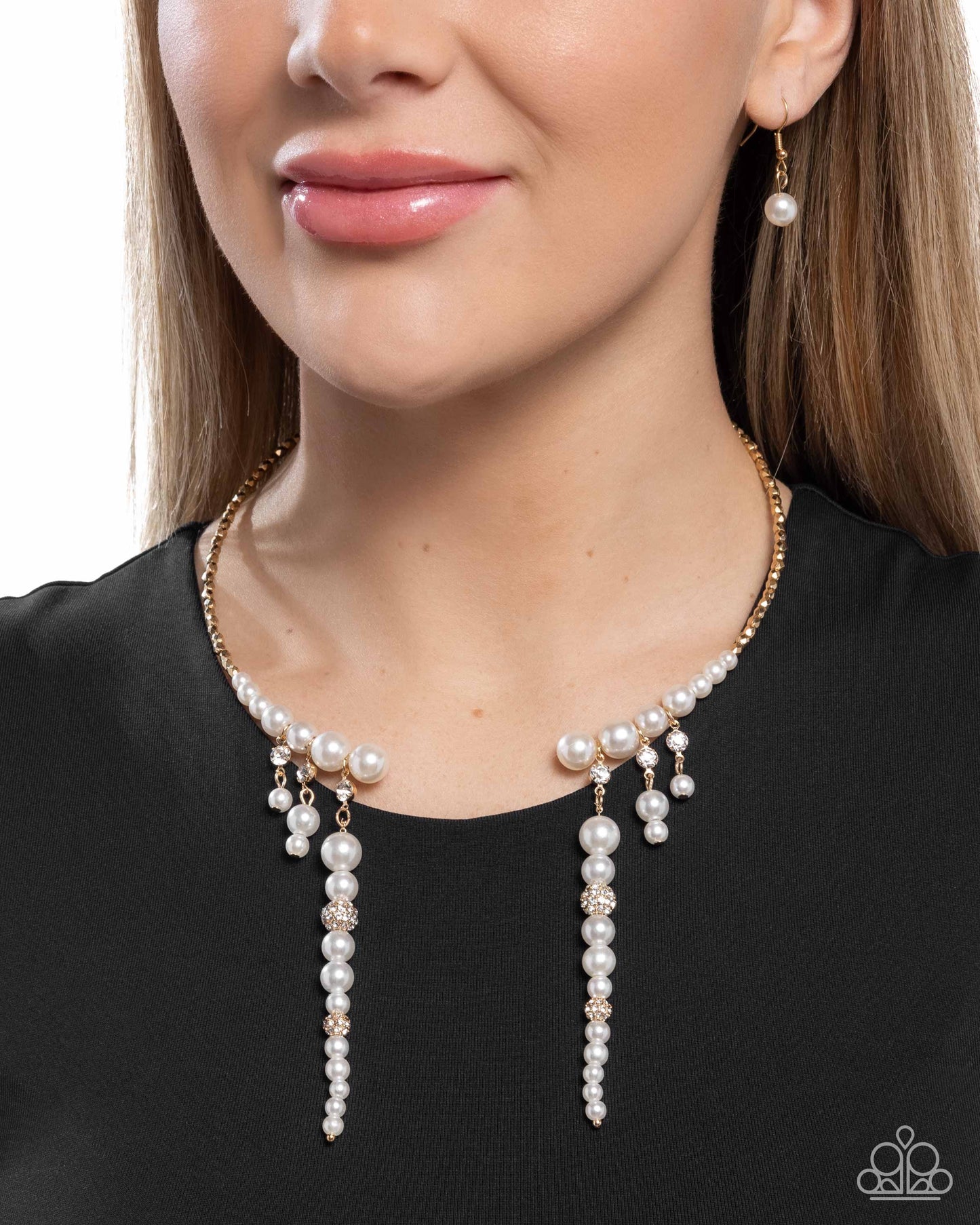 Darling Decade - Gold Bead, White Pearl & Rhinestone Flex Collar Necklace Paparazzi N3266