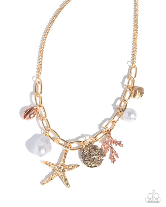 Coral Collection - Gold Sand Dollar, Starfish, Copper Coral Branches, Shells Beach Style Necklace Paparazzi N3484