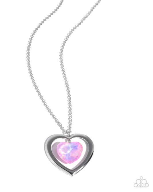 Heartfelt Hemisphere - Pink Multicolored UV Shimmer Heart Gem Silver Heart Necklace Paparazzi N3175