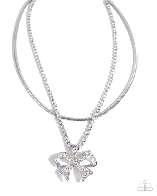 Cheerful Coquette - White Rhinestone Layered Herringbone Chain & Silver Bow Pendant Necklace Paparazzi N3346